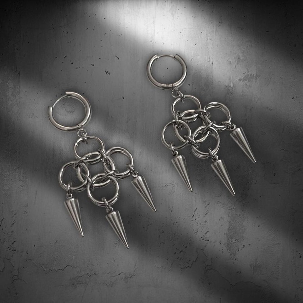 Stainless Steel Multi Chain Link Spike Drop Earrings - Picture 2 of 4